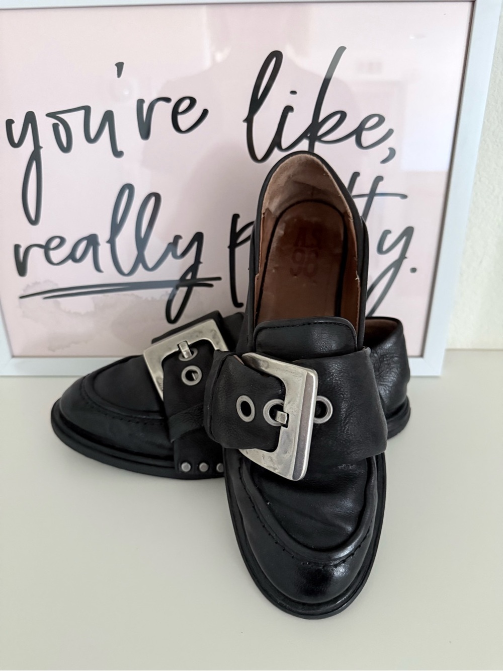 A.S.98 Black Leather Thaine Loafers with Oversized Silver Buckle